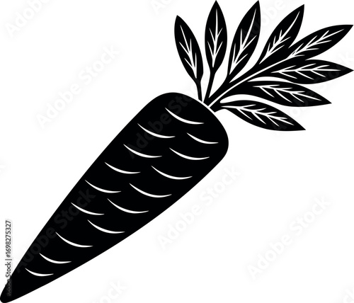 Simple black and white carrot with green leaves root vegetable graphic isolated harvest food ingredient raw organic healthy eating dietary