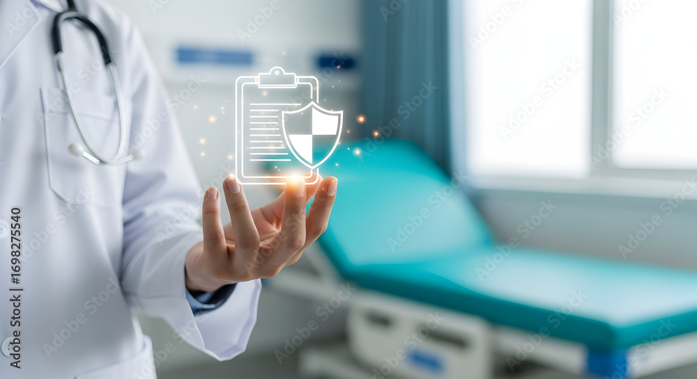Fototapeta premium Doctor holding digital health insurance shield icon, patient care and protection concept, medical security and safety, healthcare technology, medical insurance, secure future.