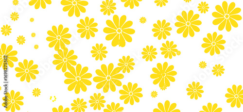 Bright yellow daisy patterns scatter across a white canvas, creating a cheerful and simple design with various sized blossoms spread randomly for a vibrant botanical feel