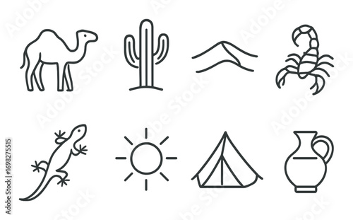 Desert symbols and iconic imagery featuring camel, cactus, and scorpion silhouettes