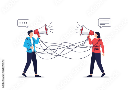 Two people using megaphones to communicate with each other over a network of tangled lines illustrating conversation and connection