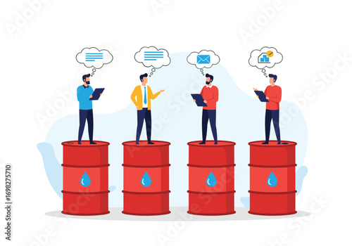 Four business people collaborating on oil barrels discussing data security and communication strategies