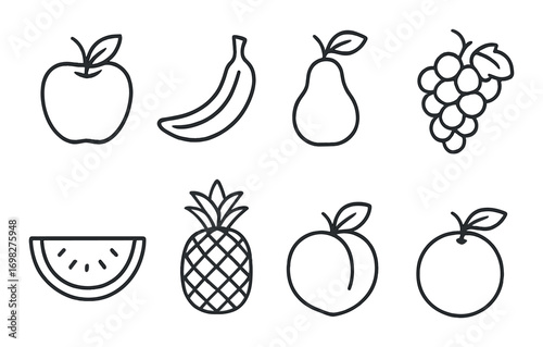 Outline fruit icons on gradient background: apple, banana, pear, grapes, watermelon, pineapple, peach, orange