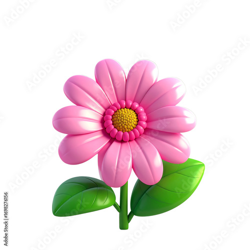 Untitled design - Cute Pink Cartoon Flower with Green Leaves, 3D Illustration, isolated on transparent background”