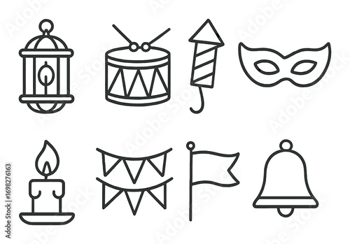 Outline icons of lantern, drum, firework, mask, candle, bunting, flag, bell on brown background