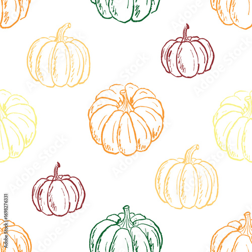 Seamless pattern with autumn pumpkins in black brush stroke texture isolated on white. Hand drawn vector sketch illustration in vintage charcoal ink. Halloween wrapping paper design, tissue print