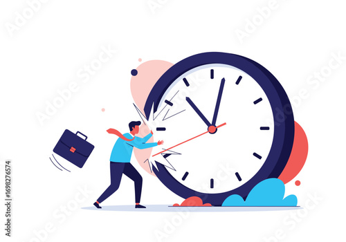 Frustrated businessman struggling against the relentless march of time causing chaos and stress