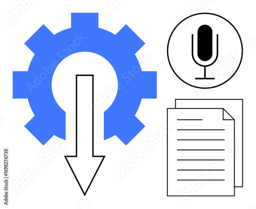 Blue gear with downward arrow, black microphone, and document symbolize transcription, automation, and technology. Ideal for workflow, services, innovation, communication speech-to-text