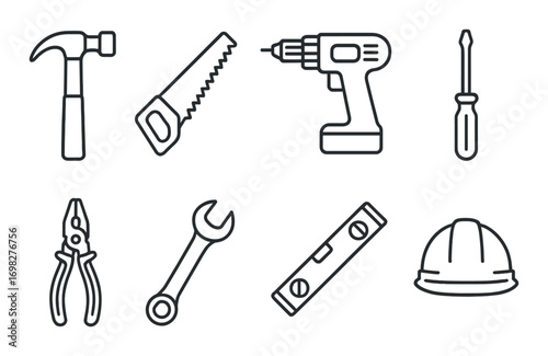 Gray construction tools silhouette: hammer, drill, saw, wrench, helmet