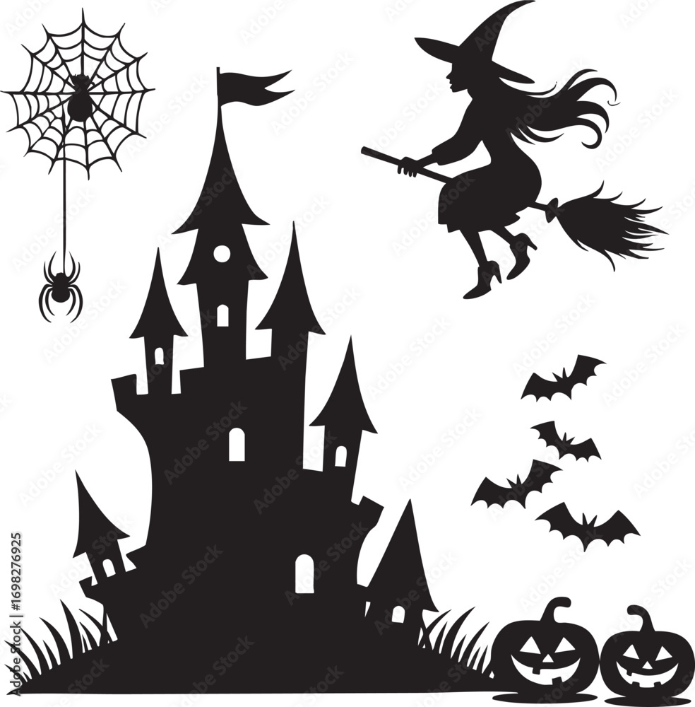 Fototapeta premium Halloween silhouette elements with witch castle and spider Keywords: halloween, witch, castle