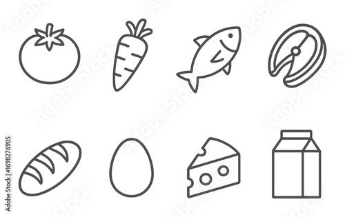 Monochrome outline icons of food items: tomato, carrot, fish, meat, bread, egg, cheese, milk