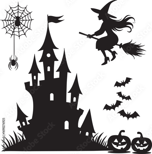 Halloween silhouette elements with witch castle and spider Keywords: halloween, witch, castle
