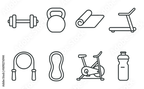 Fitness equipment icons set: dumbbell, kettlebell, yoga mat, treadmill, jump rope, spin bike, water bottle