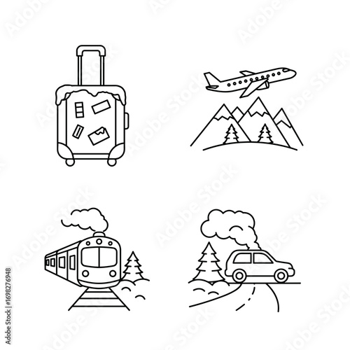 Collection of Winter Travelling themed icons, including snow-covered suitcase, airplane over mountains, train in snow, winter road trip car