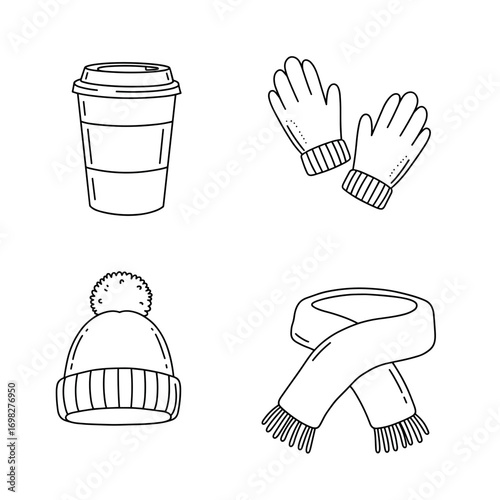 Collection of Winter Travelling themed icons, including thermal mug, warm gloves, woolly hat, scarf