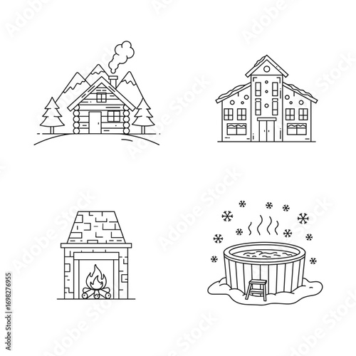 Collection of Winter Travelling themed icons, including mountain cabin, cozy hotel, fireplace, hot tub in snow