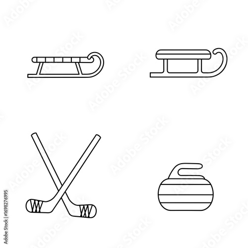 Collection of Winter Travelling themed icons, including sled, toboggan, ice hockey stick, curling stone