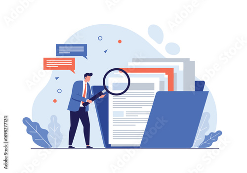 Business professional analyzing documents inside a large folder with a magnifying glass for data examination