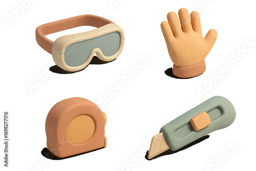 Isometric set of DIY and crafting tool icons with safety goggles, a protective glove, a retractable tape measure, and a utility knife isolated on a white background