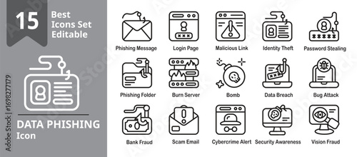 Set of Data Phishing icons. Contains cam emails, fake websites, identity theft, etc. Editable outline vector illustration.