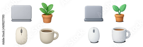 3D style office and workspace icon set with laptop, computer mouse, coffee mug, and potted plant in two color variations