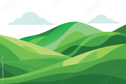 Cartoon Green Hills Landscape with Clouds, Gradient Greens, and Nature Illustration