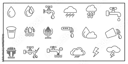 Water Icons Set: Clean, crisp water icons featuring droplets, taps, rain and other water related elements, perfect for design use. 