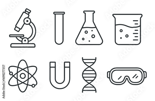 Science icons: microscope, test tube, flask, beaker, atom, magnet, dna, goggles