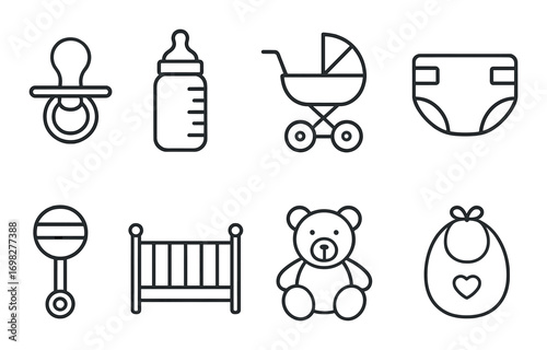 Black and white baby icons: pacifier, bottle, stroller, diaper, rattle, crib, teddy, bib