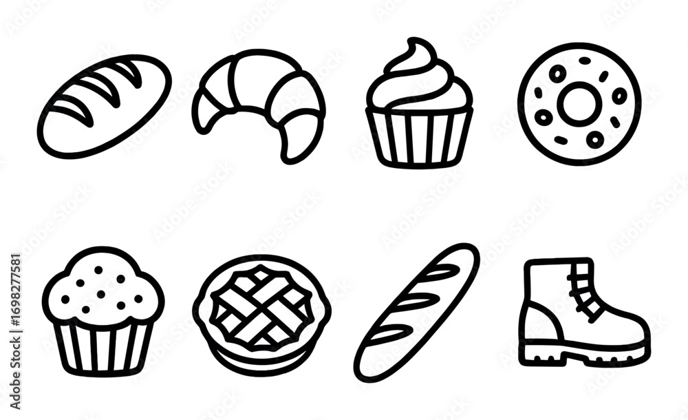 Vector outline icons of bakery goods and boot on olive background