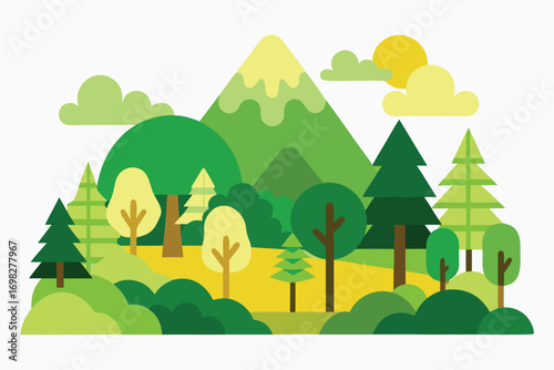 Cartoon Illustration of Mountain Landscape with Trees, Bushes, Clouds and a Sun