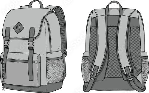 Backpack front and rear view, buckle flap, mesh pockets, padded straps, school gear, travel bag, cad drawing flat vector illustration