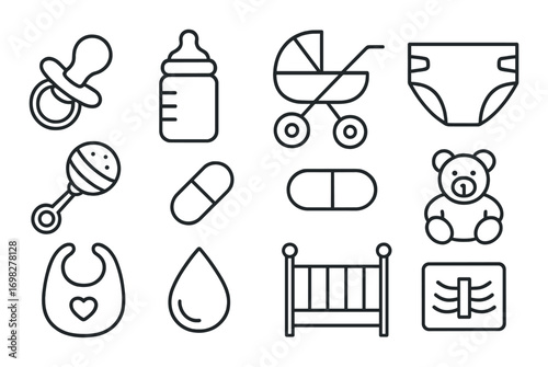 Baby essentials icons set: pacifier, bottle, stroller, diaper, rattle, pills, bear, bib, drop, crib, monitor