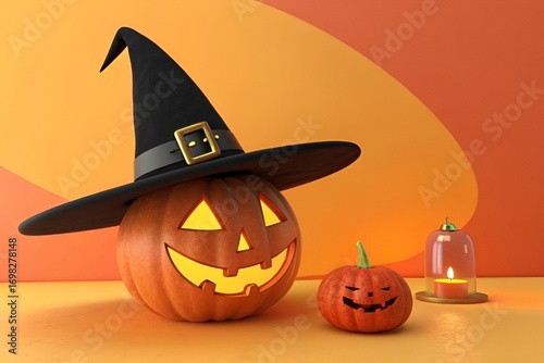 3D Halloween Jack-O’-Lantern Pumpkin with Black Witch Hat and Glowing Face