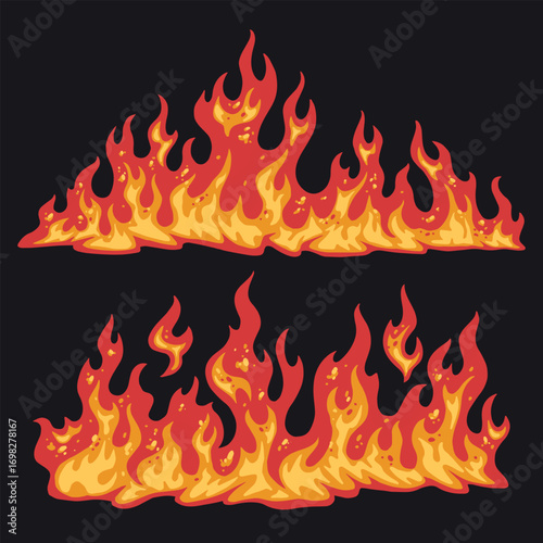 Bright flames dance against a dark background