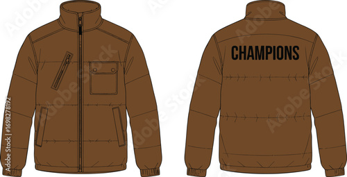 Brown padded winter jacket front and back view, high collar, zipper pockets, CHAMPIONS print, quilted coat, cad drawing flat vector illustration