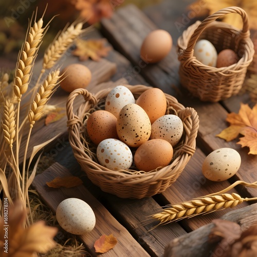 Rustic Basket of Speckled Eggs and Wheat Stalks
