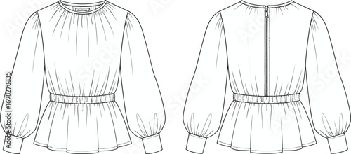 Cad drawing flat vector illustration of women's long sleeve blouse with elastic waist, puff sleeves, round neckline, back zipper closure, fashion design template, clothing outline sketch, 