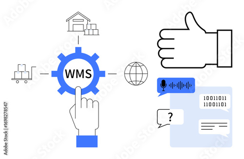 Hand interacting with WMS gear, warehouse, cart icons, global network, speech recognition, message bubbles, binary code, and thumbs-up. Ideal for technology logistics supply chain communication