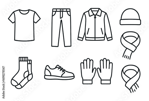 Collection of casual clothes and accessories: t-shirt, jeans, jacket, beanie, scarf, socks, shoes, gloves