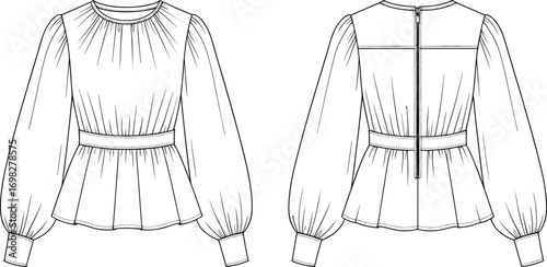 Cad drawing flat vector illustration of women's long sleeve blouse with gathered waist, puff sleeves, round neckline, zipper back, fashion design template, clothing outline sketch, 