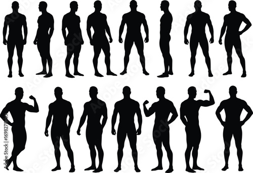 Male silhouette fitness poses, muscular man, bodybuilder poses, fitness model, strength training, athletic figure, gym workout, health and fitness, exercise demonstration