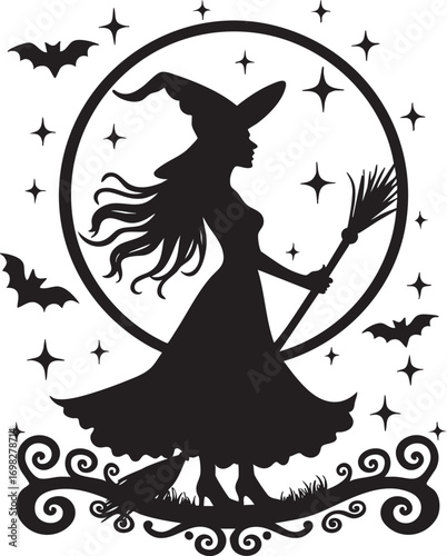 Halloween witch silhouette against a moon and starry sky