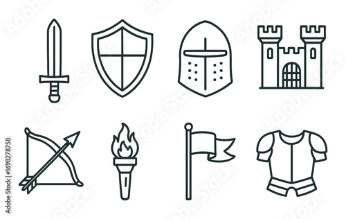 Medieval icon set featuring sword, shield, helmet, castle, and armor elements