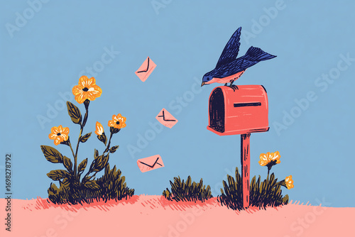 Pastel illustration of a bird perched on a red mailbox with flying envelopes over grassy flowers, evoking whimsical postal delivery and springtime charm in a hand-drawn textured style.