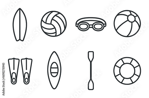 Set of water sports icons: surfboard, volleyball, goggles, beach ball, flippers, kayak, paddle, lifebuoy