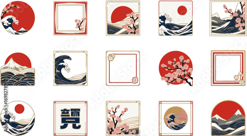 Create a kinds of deferent collection of modern Japanese frame designs and Japanese pattern designs vector art with white background.