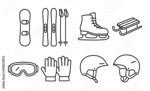 Winter sports equipment: snowboard, skis, ice skates, sled, goggles, gloves, helmets