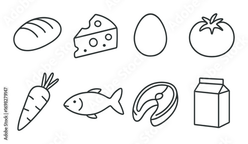Outline icons of bread, cheese, egg, tomato, carrot, fish, salmon, milk carton