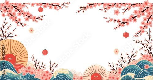 Create a kinds of deferent Japanese summer design frame collection vector art with white background.